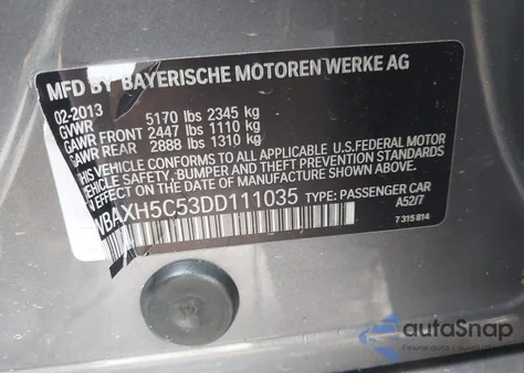 2013 BMW 528I xDrive from USA, damaged, VIN WBAXH5C53DD111035
